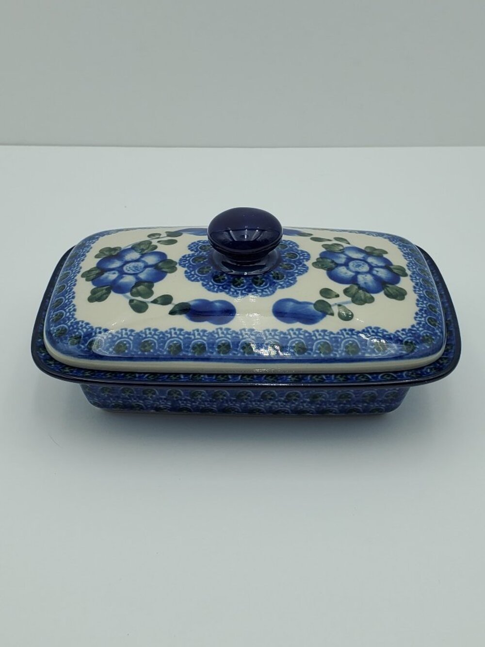 Polish Pottery Blue Poppies Lidded Dish Trinket Box Covered Butter Dish